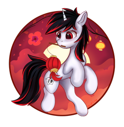 Size: 1650x1700 | Tagged: safe, artist:weiling, oc, oc:blackjack, pony, unicorn, fallout equestria, fallout equestria: project horizons, eyes open, fanfic art, lantern, lunar new year, red eyes, simple background, solo