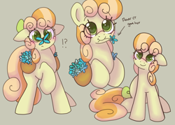 Size: 2800x2000 | Tagged: safe, artist:puppie, junebug, butterfly, earth pony, pony, g4, adorabug, background pony, bag, blushing, bow, butterfly on nose, cute, eye clipping through hair, eyebrows, eyebrows visible through hair, female, flower, hair bow, heart, heart eyes, insect on nose, mare, mouth hold, saddle bag, simple background, sitting, solo, tail, tail bow, wholesome, wingding eyes