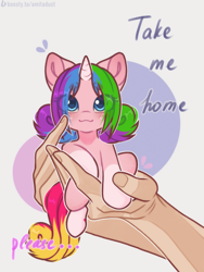 Size: 2480x3301 | Tagged: safe, artist:amitadust, oc, oc only, oc:rainy shine, human, pony, unicorn, female, hand, holding a pony, in goliath's palm, mare, micro, offscreen character, size difference, solo