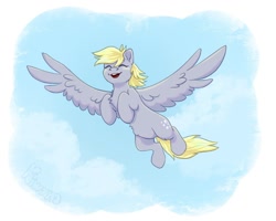 Size: 1000x800 | Tagged: safe, artist:kiwasha21, derpy hooves, pegasus, pony, g4, cute, derpabetes, eyes closed, female, flying, mare, needs more jpeg, open mouth, open smile, sky, smiling, solo, spread wings, wings