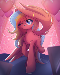 Size: 2100x2650 | Tagged: safe, artist:miryelis, oc, oc only, oc:gaffy, pegasus, pony, cute, female, full body, heart, long hair, mare, one eye closed, smiling, solo, spread wings, wings