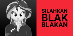 Size: 1200x600 | Tagged: safe, artist:ardoplasma41, sunset shimmer, equestria girls, g4, 3d, angry, black and white, clothes, grayscale, hoodie, indonesia, indonesian, looking at you, mmd, monochrome, parody, red background, roboto, shut up, simple background, split screen, text, two sides