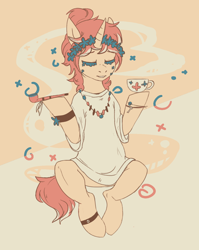 Size: 1128x1420 | Tagged: safe, artist:1an1, pony, unicorn, clothes, cup, eyes closed, jewelry, necklace, pipe, shirt, solo, teacup