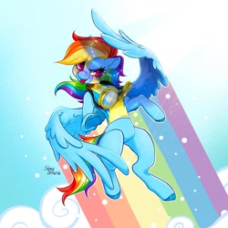 Size: 1440x1440 | Tagged: safe, artist:shinysolaria, rainbow dash, pegasus, pony, g4, :p, clothes, cloud, crepuscular rays, featureless crotch, female, goggles, human shoulders, mare, rainbow, shadow, sky, smiling, solo, tongue out, uniform, wing umbrella, wings, wonderbolts uniform