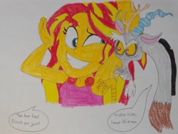 Size: 3072x4096 | Tagged: safe, anonymous artist, discord, sunset shimmer, draconequus, human, equestria girls, g4, armpit tickling, arms in the air, big grin, big smile, colored, cute, evil smile, grin, personal space invasion, smiling, speech bubble, tickling, traditional art