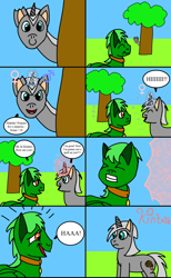 Size: 1280x2084 | Tagged: safe, artist:sexybigears69, oc, oc only, oc:kintaro, oc:sonar, pegasus, pony, unicorn, 8 panel comic, collar, comic, dialogue, eyes closed, female, frown, glowing, glowing horn, gritted teeth, hiding, horn, looking at each other, looking at someone, magic, magic aura, male, mare, open mouth, open smile, outdoors, pegasus oc, rule 63, signature, smiling, speech bubble, spell gone wrong, stallion, teeth, transformation, transgender transformation, tree, unicorn oc