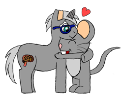 Size: 813x638 | Tagged: safe, artist:sexybigears69, oc, oc:kintaro, mouse, pony, unicorn, semi-anthro, bucktooth, crossover, duo, duo male, eyes closed, floating heart, furry, furry oc, glasses, happy tree friends, heart, horn, hug, male, non-mlp oc, open mouth, open smile, self paradox, simple background, smiling, tail, unicorn oc, whiskers, white background