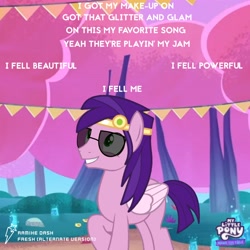 Size: 3600x3600 | Tagged: safe, artist:ramixe dash, pipp petals, pegasus, pony, series:make your tale, g4, g5, album cover, bridlewoodstock, g5 to g4, generation leap, glasses, logo, lyrics, male, pip corolla, rule 63, screencap background, solo, stallion, text, watermark