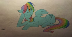 Size: 1240x645 | Tagged: safe, artist:opalacorn, rainbow dash, pegasus, pony, spider, g4, :t, eye clipping through hair, female, floppy ears, looking at something, lying down, mare, prone, traditional art