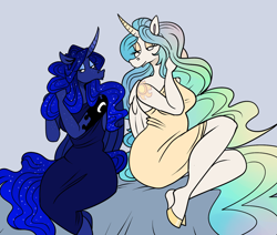 Size: 1280x1083 | Tagged: safe, artist:beastofeuthanasia, princess celestia, princess luna, alicorn, anthro, unguligrade anthro, g4, alternative cutie mark placement, clothes, dress, duo, duo female, female, lidded eyes, light blue background, long hair, looking at each other, looking at someone, royal sisters, shoulder cutie mark, siblings, simple background, sisters