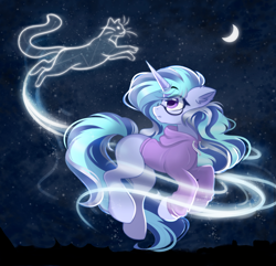 Size: 2626x2533 | Tagged: safe, artist:janelearts, oc, oc only, oc:pillow, cat, pony, unicorn, clothes, epic, female, glasses, harry potter (series), hoodie, horn, magic, majestic, majestic as fuck, mare, moon, night, outdoors, patronus, solo, unicorn oc