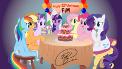 Size: 3840x2160 | Tagged: safe, artist:iamaveryrealperson, applejack, fluttershy, pinkie pie, rainbow dash, rarity, spike, starlight glimmer, twilight sparkle, alicorn, dragon, earth pony, pegasus, pony, unicorn, mlp fim's twelfth anniversary, g4, 2022, abstract background, anniversary, balloon, banner, cake, candle, celebration, chair, date (time), f.r.i.e.n.d.s, female, folded wings, food, friends, gradient background, hoof on table, looking at each other, looking at someone, looking at something, male, mane seven, mane six, mare, open mouth, plate, reference, reference to another series, signature, sitting, smiling, stool, stooldash, table, tablecloth, teeth, text, throne, twilight sparkle (alicorn), winged spike, wings