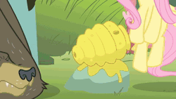 Size: 1280x720 | Tagged: safe, screencap, angel bunny, fluttershy, harry, bear, bird, duck, frog, mouse, pegasus, pony, rabbit, raccoon, filli vanilli, g4, season 4, animal, animated, beehive, cheese, cute, female, flower, flower in hair, fluttershy's cottage, food, honey, mare, morning, music, shyabetes, solo, sound, webm, youtube video