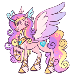 Size: 768x798 | Tagged: safe, artist:wanderingpegasus, princess cadance, alicorn, pony, g4, blaze (coat marking), chest fluff, coat markings, colored horn, colored pinnae, colored wings, concave belly, curved horn, facial markings, feathered ears, feathered fetlocks, female, full body, gradient legs, gradient wings, heart, heart horn, heart mark, horn, mare, multicolored wings, pale belly, peytral, raised hoof, ribbon, ribbon on leg, simple background, slender, smiling, solo, spread wings, standing, thin, tricolor mane, tricolor tail, white background, wings