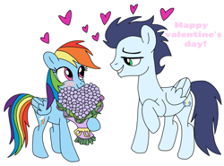 Size: 972x720 | Tagged: safe, artist:dasher666, rainbow dash, soarin', pegasus, pony, g4, blushing, bouquet, bouquet of flowers, female, flower, holiday, looking at each other, looking at someone, male, mare, ship:soarindash, shipping, simple background, smiling, smiling at each other, stallion, straight, valentine's day, white background