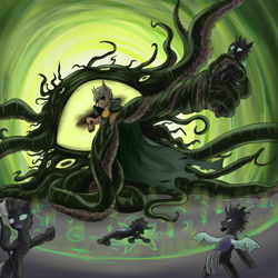 Size: 5120x5120 | Tagged: safe, artist:kirieshka, oc, oc:kirieshka, changeling, demon, demon pony, monster pony, fantasy class, glyph, green, green eyes, magic, mantle, monster, portal, raincoat, sword, tentacles, warrior, weapon
