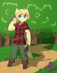 Size: 3204x4107 | Tagged: safe, artist:afkregen, oc, oc only, anthro, unguligrade anthro, axe, boots, high res, lumberjack, male, sack, shoes, solo, weapon