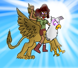 Size: 3200x2800 | Tagged: safe, artist:horsesplease, gilda, griffon, human, g4, camp camp, crossover, duo, duo female, female, gwen (camp camp), humans riding griffons, riding, rooster teeth, smiling