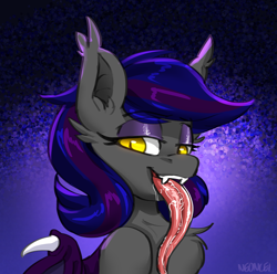 Size: 3500x3473 | Tagged: safe, artist:neoncel, oc, oc only, oc:firestarter, bat pony, pony, bat pony oc, bat wings, chest fluff, drool, eyeshadow, fangs, long tongue, makeup, solo, tongue out, wings