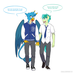 Size: 2048x2048 | Tagged: safe, artist:shallowwin, gallus, sandbar, earth pony, griffon, anthro, g4, blushing, clothes, commission, dialogue, folded wings, gay, heart, holding hands, interspecies, jacket, male, pants, school uniform, ship:gallbar, shipping, shoes, simple background, stallion, tail, uniform, white background, wings