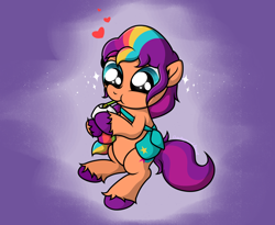 Size: 2330x1913 | Tagged: safe, artist:background basset, sunny starscout, earth pony, pony, g5, abstract background, bag, cup, cute, drink, drinking, drinking straw, female, heart, mane stripe sunny, mare, saddle bag, smoothie, solo, sunnybetes, unshorn fetlocks