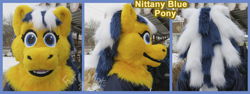 Size: 1200x453 | Tagged: safe, artist:ramcat, oc, oc only, oc:nittany blue, bust, fursuit, irl, multiple views, photo, ponysuit, portrait, text, watermark