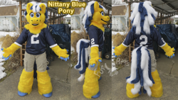 Size: 1200x679 | Tagged: safe, artist:ramcat, oc, oc only, oc:nittany blue, clothes, fursuit, irl, multiple views, photo, ponysuit, text, watermark