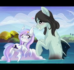 Size: 2744x2600 | Tagged: safe, artist:spookyle, oc, oc:dreamy skies, oc:jellan, bat pony, hybrid, merpony, pony, seapony (g4), siren, blushing, dorsal fin, female, fin, looking at each other, looking at someone, male, mare, ocean, scales, shipping, smiling, smiling at each other, swimming, water