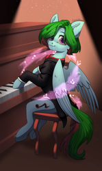 Size: 1788x3000 | Tagged: safe, artist:chibadeer, oc, oc only, oc:precised note, pegasus, pony, bowtie, chair, clothes, cutie mark, female, frog (hoof), looking at you, looking over shoulder, mare, music notes, musical instrument, particles, pedal, piano, sitting, smiling, smiling at you, solo, spotlight, tail, tailcoat, tuxedo, two toned mane, two toned tail, underhoof, watermark, wings