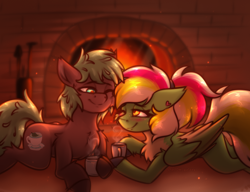 Size: 2600x2000 | Tagged: safe, artist:shad0w-galaxy, oc, oc only, oc:gumdrops, oc:matcha brewstar, earth pony, pegasus, pony, blushing, chest fluff, chocolate, duo, female, fireplace, fluffy, food, hot chocolate, looking at each other, looking at someone, lying down, male, mare, patreon, patreon reward, pegasus oc, smiling, smiling at each other, stallion