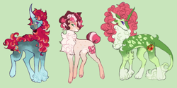 Size: 4000x2000 | Tagged: safe, artist:ghostunes, oc, oc only, oc:candy apple rings, oc:cherry apple blossom, oc:scarlet apple frost, earth pony, pony, unicorn, alternate design, alternate timeline, alternate universe, blaze (coat marking), chest fluff, coat markings, curly hair, curly mane, curved horn, earth pony oc, facial markings, glasses, hoof fluff, horn, leonine tail, magical lesbian spawn, multicolored hair, multicolored mane, multiple ears, next generation, offspring, parent:applejack, parent:rarity, parents:rarijack, paws, pony oc, raised hoof, raised leg, socks (coat markings), spots, tail, trio, unicorn oc