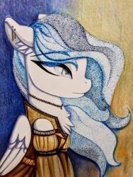 Size: 3096x4128 | Tagged: safe, artist:andaluce, oc, oc:haze northfleet, pegasus, pony, bust, chest fluff, clothes, dress, ear fluff, female, mare, pencil drawing, portrait, profile, solo, stippling, traditional art