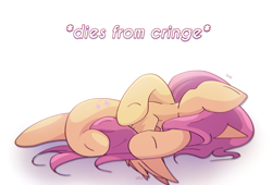 Size: 2500x1700 | Tagged: safe, artist:miryelis, fluttershy, pegasus, pony, g4, big ears, cringing, family guy, family guy death pose, female, long hair, lying down, mare, meme, simple background, solo, text, white background