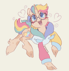 Size: 882x906 | Tagged: safe, artist:bishopony, oc, oc only, oc:quilted quill, unicorn, cloven hooves, glasses, heart, simple background, solo, yellow background