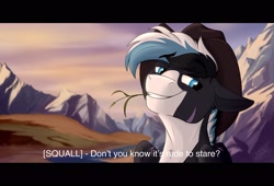 Size: 2287x1559 | Tagged: safe, artist:rutkotka, oc, oc only, oc:squall windfeather, pegasus, pony, blue eyes, cowboy hat, hat, looking at you, looking back, looking back at you, mountain, mountain range, outdoors, pegasus oc, scenery, smug, subtitles