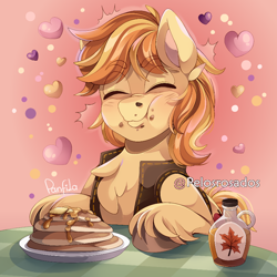 Size: 828x828 | Tagged: safe, artist:pelosrosados, braeburn, earth pony, pony, g4, braebetes, breakfast, commission, cute, eating, food, heart, male, maple syrup, pancakes, solo, stallion, ych result
