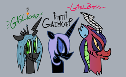 Size: 1387x849 | Tagged: safe, artist:notsafeforsanity, idw, cosmos, nightmare moon, queen chrysalis, changeling, changeling queen, draconequus, pony, g4, bust, girlboss, gray background, simple background, trio