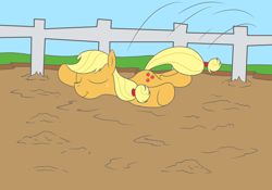Size: 2000x1400 | Tagged: safe, artist:amateur-draw, applejack, earth pony, g4, covered in mud, female, fence, mare, mud, mud bath, muddy, pig pen, solo, wet and messy