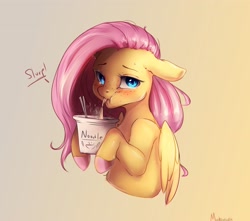 Size: 3195x2823 | Tagged: safe, artist:miokomata, fluttershy, pegasus, pony, g4, blushing, bust, cup noodles, cute, eating, female, floppy ears, food, freckles, freckleshy, gradient background, hoof hold, mare, noodles, shyabetes, signature, slurp, solo
