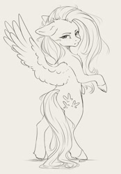 Size: 2034x2925 | Tagged: safe, artist:miokomata, fluttershy, pegasus, pony, semi-anthro, g4, angry, bipedal, butt, female, floppy ears, flutterbutt, freckles, freckleshy, frown, grayscale, looking at you, looking back, looking back at you, mare, monochrome, plot, scowl, simple background, solo, spread wings, white background, wings