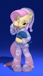 Size: 2160x3840 | Tagged: safe, artist:owlpirate, fluttershy, pegasus, whale, semi-anthro, g4, 3d, 4k, clothes, cute, female, gradient background, hat, high res, mare, nightcap, pajamas, plushie, rubbing eyes, shyabetes, sleeping, slippers, solo, source filmmaker