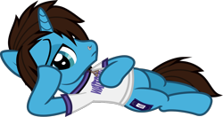 Size: 1310x693 | Tagged: safe, artist:lightningbolt, derpibooru exclusive, pony, unicorn, .svg available, clothes, draw me like one of your french girls, frown, geoff wigington, horn, jewelry, lidded eyes, looking at you, lying down, male, necklace, nose piercing, on side, piercing, ponified, shirt, show accurate, simple background, solo, stallion, svg, t-shirt, transparent background, vector, waterparks
