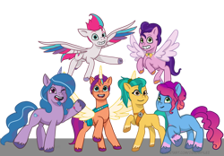 Size: 1024x712 | Tagged: safe, artist:zsnowfilez, hitch trailblazer, izzy moonbow, misty brightdawn, pipp petals, sunny starscout, zipp storm, alicorn, earth pony, pegasus, pony, unicorn, g5, my little pony: tell your tale, dew daybreak, facial hair, female, goatee, harness pathfinder, isaac crestie, male, mane five, mane six (g5), mane stripe sunny, mare, pip corolla, race swap, rebirth dew, rebirth misty, royal brothers (g5), rule 63, simple background, stallion, sun starchaser, sunnycorn, transparent background, zip cyclone