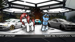 Size: 1192x670 | Tagged: safe, artist:foxfer64_yt, oc, oc only, oc:kira (fl), oc:silverstream (robot pony), original species, pegasus, pony, robot, robot pony, car, floppy ears, looking at something, nissan skyline, raised hoof, unamused