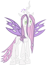 Size: 1823x2499 | Tagged: artist needed, safe, anonymous artist, queen chrysalis, sweetie belle, changeling, changeling queen, g4, crown, female, fusion, fusion:queen chrysalis, fusion:sweetie belle, grin, jewelry, palette swap, recolor, regalia, simple background, smiling, spread wings, transparent background, wings