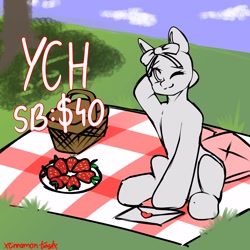 Size: 3000x3000 | Tagged: safe, artist:xcinnamon-twistx, auction, basket, blanket, comfy, commission, date, food, hair ribbon, herbivore, holiday, one eye closed, outdoors, picnic, picnic basket, picnic blanket, pillow, ribbon, smiling, strawberry, valentine, valentine's day, wink, your character here