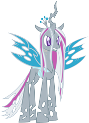 Size: 1823x2499 | Tagged: artist needed, safe, anonymous artist, queen chrysalis, silver spoon, changeling, changeling queen, g4, crown, female, fusion, fusion:queen chrysalis, fusion:silver spoon, grin, jewelry, recolor, regalia, simple background, smiling, spread wings, transparent background, wings