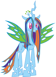 Size: 1823x2499 | Tagged: artist needed, safe, anonymous artist, queen chrysalis, rainbow dash, changeling, changeling queen, g4, crown, female, fusion, fusion:queen chrysalis, fusion:rainbow dash, grin, jewelry, recolor, regalia, simple background, smiling, spread wings, transparent background, wings
