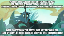 Size: 888x499 | Tagged: safe, edit, edited screencap, screencap, queen chrysalis, changeling, changeling queen, g4, to where and back again, angry, defeated, dudley the vagrant engine, female, gritted teeth, implied applejack, implied discord, implied fluttershy, implied mane six, implied pinkie pie, implied pony, implied princess cadance, implied princess celestia, implied princess luna, implied rainbow dash, implied rarity, implied shining armor, implied starlight glimmer, implied trixie, implied twilight sparkle, meme, parody, reference, reference in the description, scene parody, spread wings, teeth, thomas the tank engine, threatening, wings