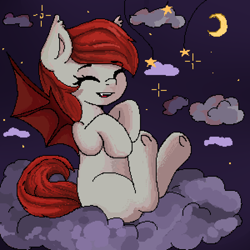 Size: 2400x2400 | Tagged: oc name needed, safe, artist:kristina, oc, bat pony, pony, commission, cute, cute little fangs, fangs, happy, moon, solo, stars, ych result
